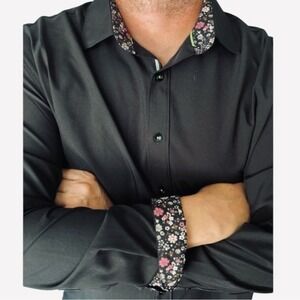 Society of Threads Slim Fit, Men's Long‎ Sleeve Button Down, Black/Floral, Large